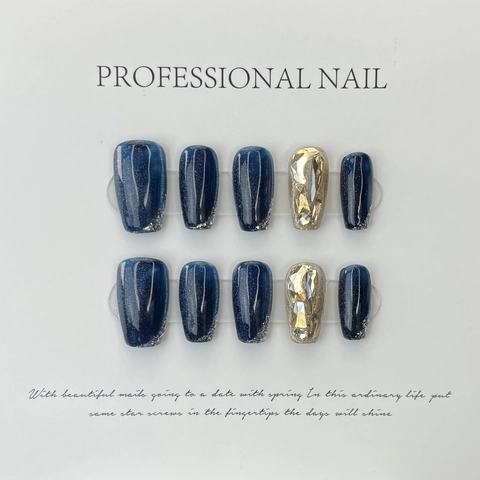 Uñas Postizas Hechas A Mano Efecto Ojo De Gato Azul Aurora Pedrería De Lujo Forma Ataúd Uñas Artificiales