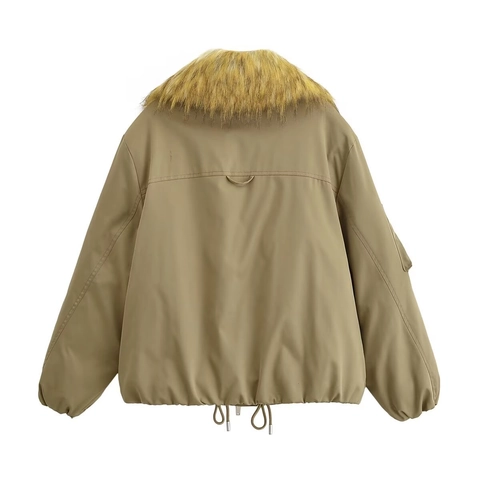 Veste Pour Femmes Avec Col En Fausse Fourrure Amovible Fermeture Éclair Ourlet À Cordon Bomber Décontracté Kaki Rembourré