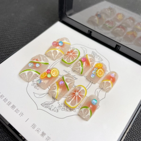 Handmade Summer Fruit Lemon Lime Press On Nails 3D Relief Rhinestone Decorative False Nails With Tool Kit For Women
