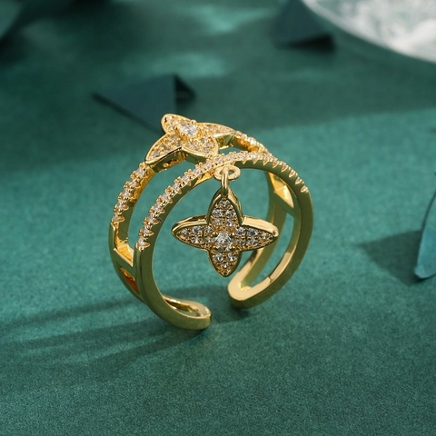 Elegante Anello Doppio in Rame Placcato Oro Con Ciondolo a Stella in Strass Anello Aperto Regolabile Gioielli Donna
