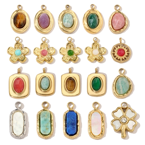 Vintage Flower Geometric Stainless Steel Pendants With Natural Stone Shell Charms For DIY Jewelry Making