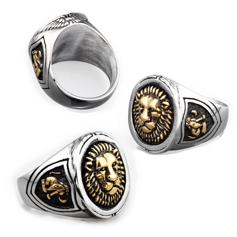 Anillo Sigillo Testa Di Leone Per Uomo Acciaio Inossidabile 316L Due Toni Rilievo Punk Rock Gioielli Vintage