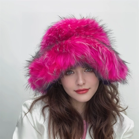 Sombrero de Pescador Esponjoso de Piel Sintética para Mujer Gorro de Felpa Cálido de Invierno Estilo Punk Accesorio de Moda Y2K