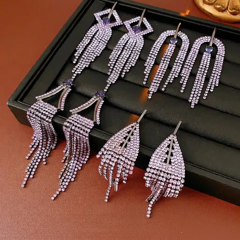Pendientes Largos Borlas Diamantes Imitación Morados Mujer Joyería Geométrica Cobre Con Poste Plata Moda Lujo
