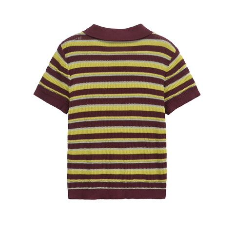 Women Retro Striped Knit Polo Shirt Short Sleeve Button Ribbed Slim Fit Short Top Casual Streetwear Contrast Color Polo Tee