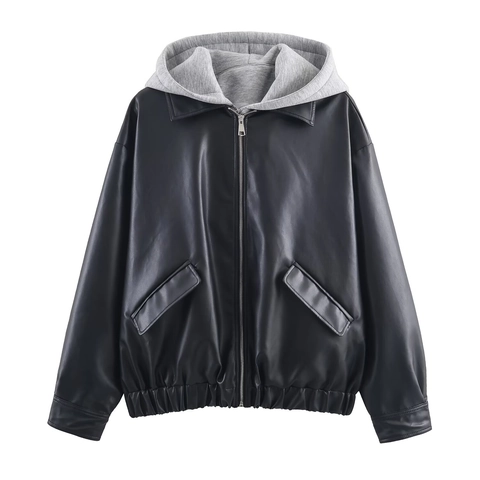 Damen Kapuzenjacke Aus Kunstleder Mit Grauer Strickkapuze Patchwork Reißverschluss Lässige Streetwear Outdoor Mantel Schwarz