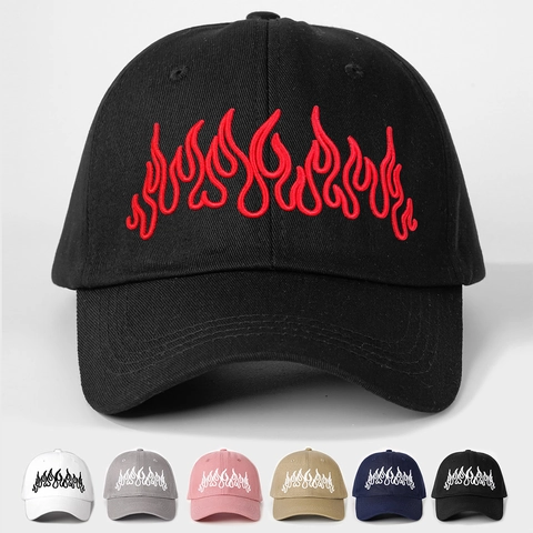 Flame Embroidery Baseball Cap Polyester Adjustable Curved Brim Retro Streetwear Sun Hat For Men Women