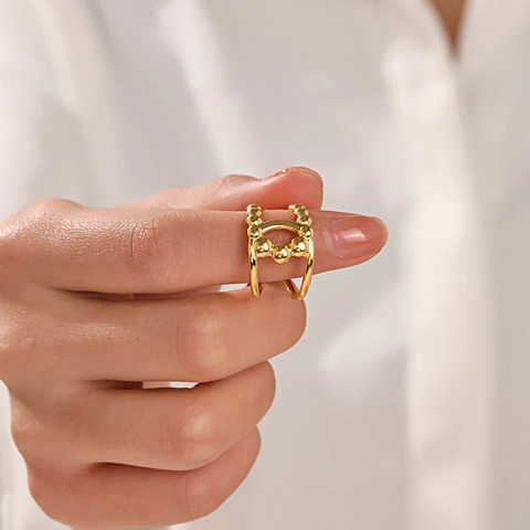 Zweilagiger Perlenring Offen Edelstahl 18K Vergoldet Minimalismus Verstellbarer Schmuck Damen