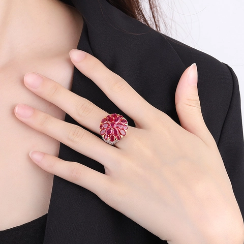 Anello Regolabile Vintage Stile Palazzo Fiore per Donna Lega Zirconia Blu Rosso Cocktail Gioielli da Dito