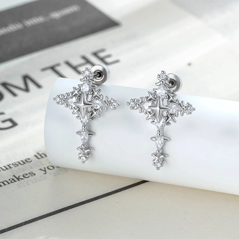 Titanium Steel Cross Helix Piercing Stud With Zircon Star Center Vintage Punk Ear Bone Jewelry For Women Men