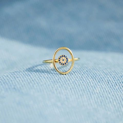 Bague Œil Maléfique En Argent Sterling 925 Plaqué Or Zirconium Bleu Blanc Géométrique Bohème Bijoux Pour Femmes