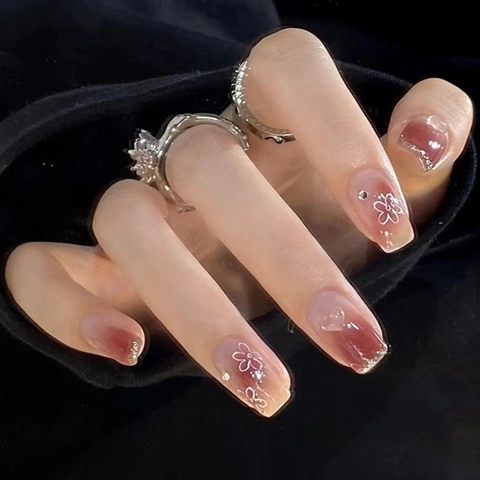 Pink Gradient Press On Nails Light Sensitive Photochromic With 3D Heart Floral Design Rhinestone Glitter Reusable Nails