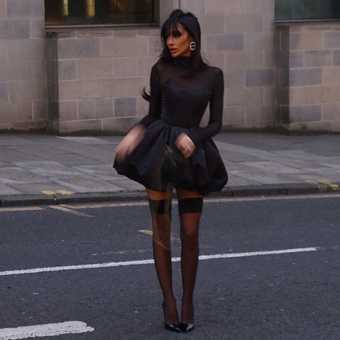 Women Sheer Mesh Long Sleeve Mini Dress High Neck Satin Bubble Hem Elegant Party Bodycon Sexy Evening Dress
