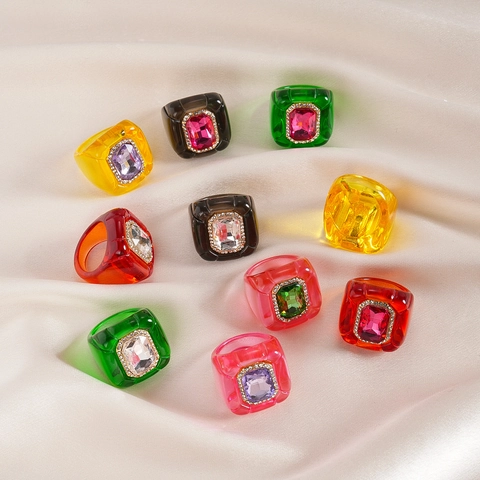 Vintage Harz Ring Für Damen Geometrische Sechseck Rechteck Strass Bunt Acryl Eingelegt Mode Schmuck