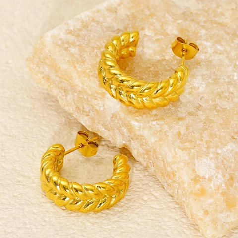 French Vintage Twisted C-Shaped Hoop Earrings 18K Gold Plated Stainless Steel Braided Texture Elegant For Women