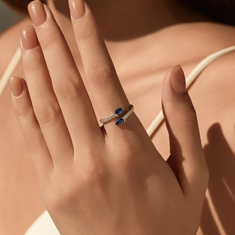 S925 Sterling Silver Royal Blue Snake Ring For Women Elegant Zirconia Pear Cut Adjustable Open Finger Ring Fashion Jewelry