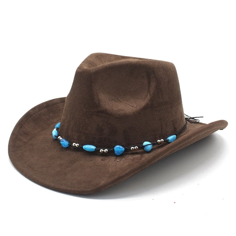 Retro Western Cowboy Hat Faux Suede Wide Brim Beaded Band Ethnic Heart Decor Vintage Fedora For Women Men