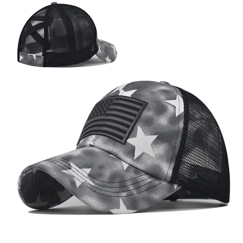 Cappello Da Baseball Vintage Coda Di Cavallo Distressed Criss Cross Mesh Trucker Hat Bandiera Americana Stelle Ricamo Cotone