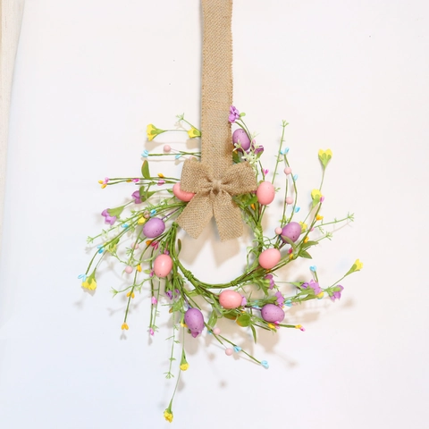 Easter Wreath Colorful Foam Eggs Paper Flowers Linen Bow Iron Wire Base Spring Festival Door Hanging Home Decor