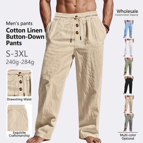 Men Casual Pants Linen Blend Breathable Straight Leg Drawstring Waist Button Decor Lightweight Trousers For Men