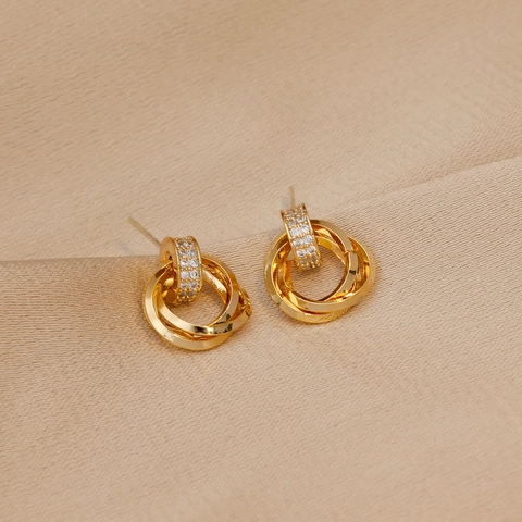 Interlocking Three Ring Stud Earrings With Cubic Zirconia And 925 Sterling Silver Earring Post Gold Plated Jewelry