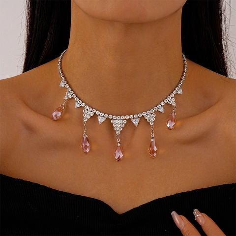 Lujo Rosa Gota De Agua Cristal Flecos Collar Plata Color Aleación Circón Diamantes De Imitación Cadena De Clavícula Mujer