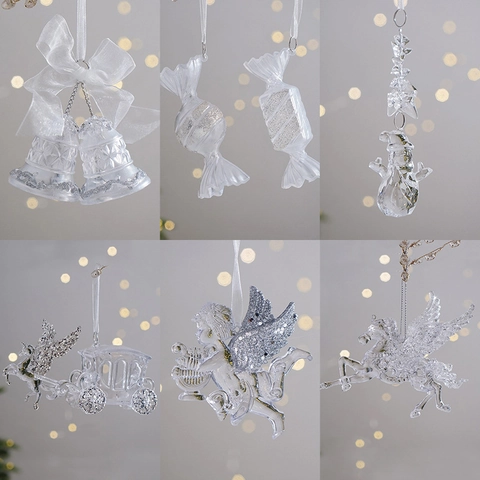 Christmas Tree Hanging Pendants Acrylic Crystal Transparent Glitter Snowflake Icicle Angel Star Holiday Home Decor