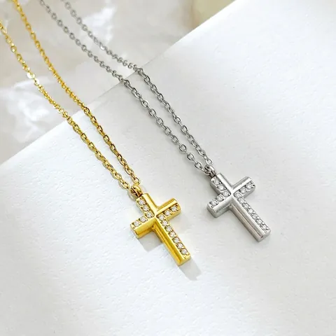 Cross Pendant Necklace Titanium Steel Inlaid Zircon Vintage Elegant Versatile Jewelry Gift For Women