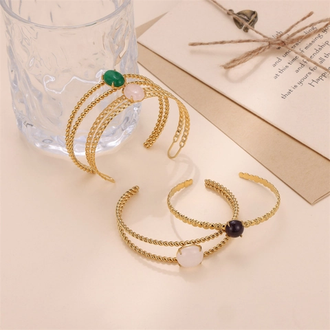 Vintage Stainless Steel Twisted Rope Open Bangle For Women Gold Plated Natural Stone Inlaid Adjustable Cuff Bracelet Fashion Jewelry