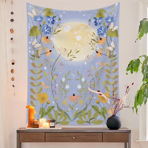Arazzo Da Parete Fasi Lunari Fiori Farfalla Stelle Estetica Da Sogno Poliestere Decorazione Camera Da Letto