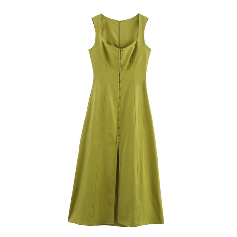 Abito Midi Donna Scollo Quadrato Senza Maniche Misto Lino Bottoni Decorativi Spacco Anteriore Cerniera Posteriore