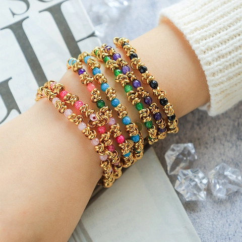 Bracciale con Perline Multicolore in Acciaio Inossidabile Placcato Oro Vintage per Donna Catena a Maglie Regolabile Minimalista Gioielli Color Caramella