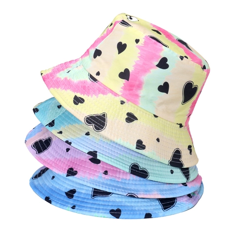 Tie-Dye Heart Print Bucket Hat Polyester Reversible Sun Protection Foldable Summer Outdoor Fashion For Women Men