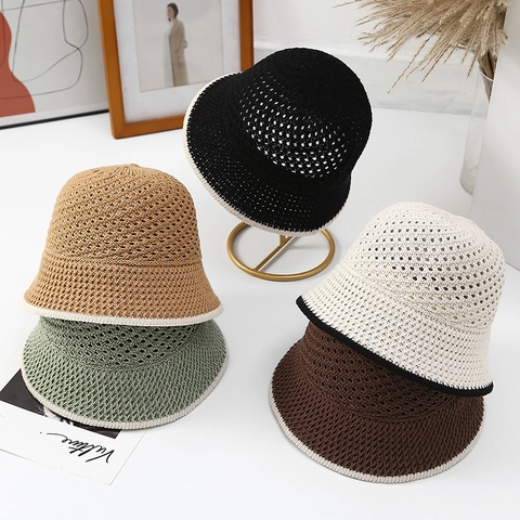 Damen Hollow Crochet Strick Eimer Hut Atmungsaktiv Faltbar Sonnenschutz Strand Sonnenhut Kontrast Trim Elegant Japanisch