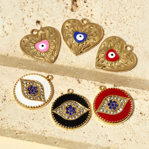 Ciondoli Malocchio Acciaio Inossidabile Cuore Tondo Smalto Strass Per Creazione Gioielli DIY Stile Retrò Francese