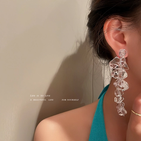 Irregular Acrylic Ice Cube Dangle Earrings With Silver Earring Post Exaggerated Long Drop Retro Style For Women