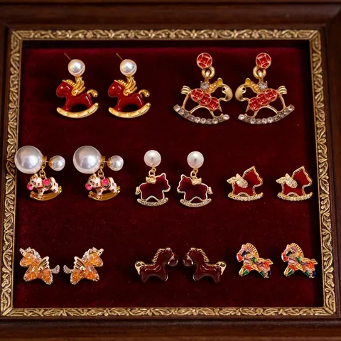 Horse Pony Pendant Stud Earrings 18K Gold Plated Copper With Silver Earring Post Enamel Zircon Chinese Style For Women