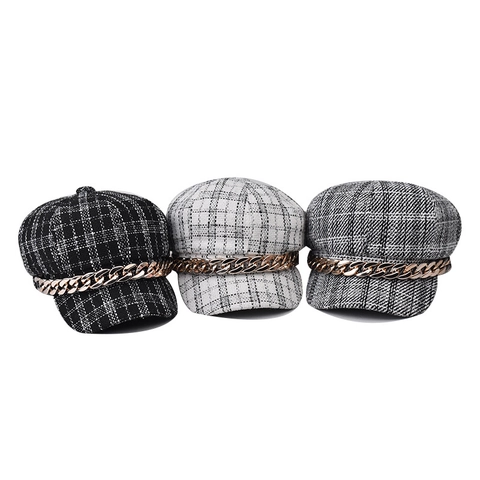 Retro Karo Tweed Schirmmütze Für Damen Mit Grober Goldener Metallkette Winter Herbst Britischer Stil Oktogonaler Hut