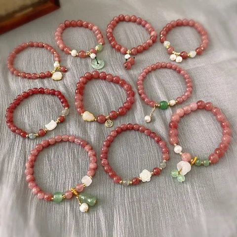 Bracelet Perles Femmes Quartz Fraise Synthétique Agate Perle Eau Douce Fait Main Élégant Élastique Bijou Ornement