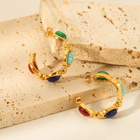 Vintage Stainless Steel C-Shaped Hoop Earrings For Women Gold Plated Inlaid Natural Colorful Stone Light Luxury Jewelry