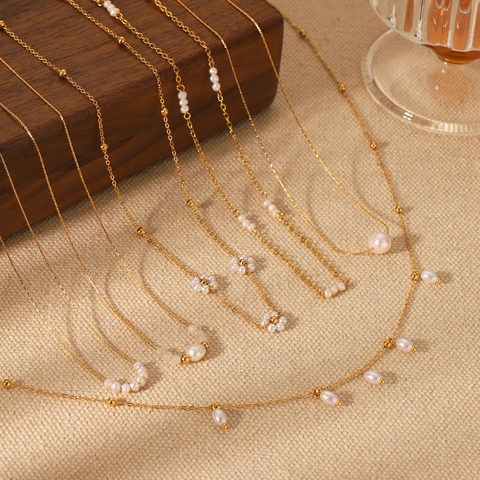 Freshwater Pearl Necklace Stainless Steel Clavicle Chain French Vintage Elegant Beaded Floral Neck Jewelry For Women