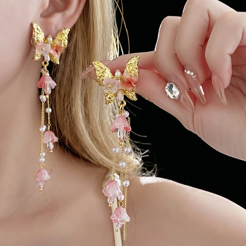 Pendientes Colgantes Borla Mariposa Flor Con Poste De Plata Esterlina 925 Aleación Cristal Perla Artificial Elegante Dulce