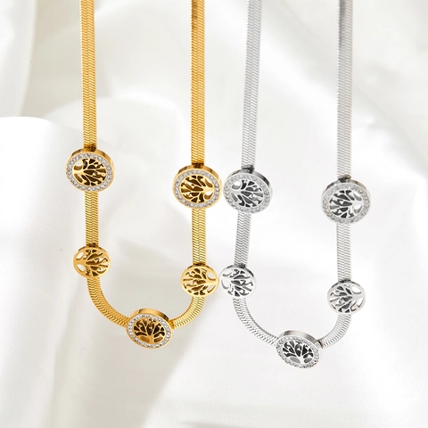 Collana Albero Della Vita Acciaio Inossidabile Ciondolo Tondo Traforato Zircone Incastonato Catena Serpente Gioielli Donna