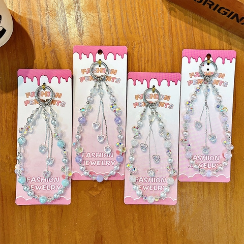 Heart Beaded Phone Lanyard Acrylic Crystal Bow Phone Chain Artificial Pearl Phone Strap Charm For Women Bag Keychain Gift