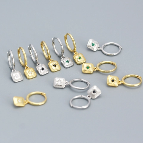 Boucles Doreilles Huggie Hoop En Argent Sterling 925 Pendentif Rectangulaire Etoile Zircone Bijoux Celestes Femmes