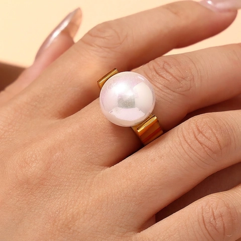 Lussuoso Anello in Acciaio al Titanio con Grande Perla Artificiale per Donna Placcato in Oro Geometrico Gioielli da Dito