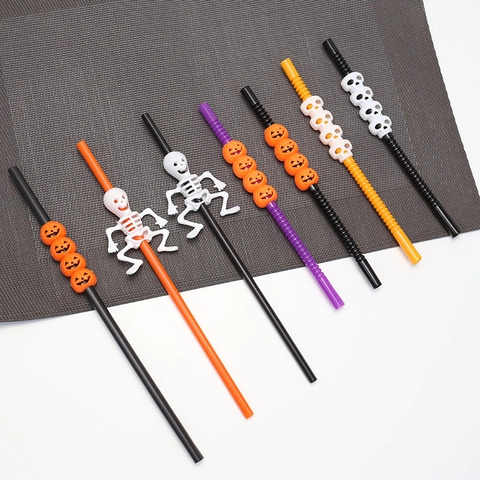 Halloween Decorative Straws Plastic Wavy Flexible Pumpkin Skull Skeleton Decor Party Supplies Drinking Tools