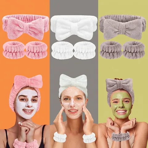 Face Wash Headband And Wristbands Polyester Coral Fleece Bowknot Elastic Soft Absorbent Skincare Makeup Spa For Women
