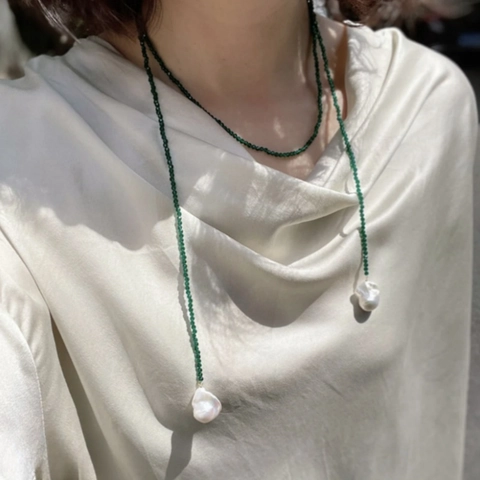 Vintage Long Green Spinel Beaded Necklace For Women Elegant Artificial Baroque Pearl Pendant Sweater Chain Retro Jewelry