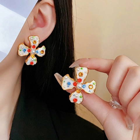 Vintage Palace Style Flower Earrings With Multi Color Rhinestones Enamel Faux Artificial Pearls 925 Sterling Silver Earring Post